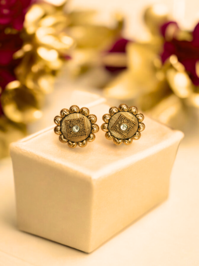 Gold Plated Floral Brass Stud Earrings with Ruby Center
