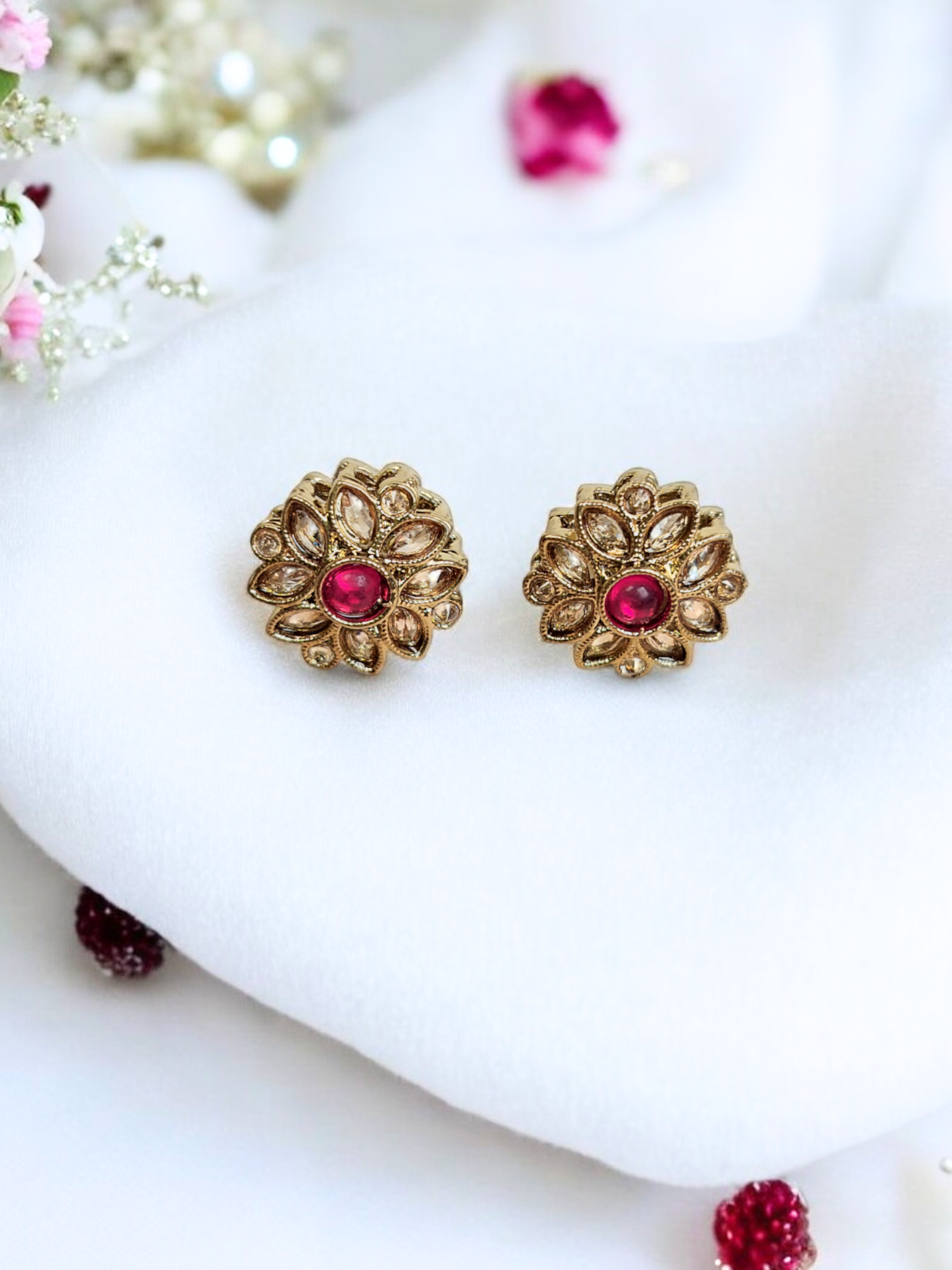 Ruby Centered Floral Kundan Polki Earrings