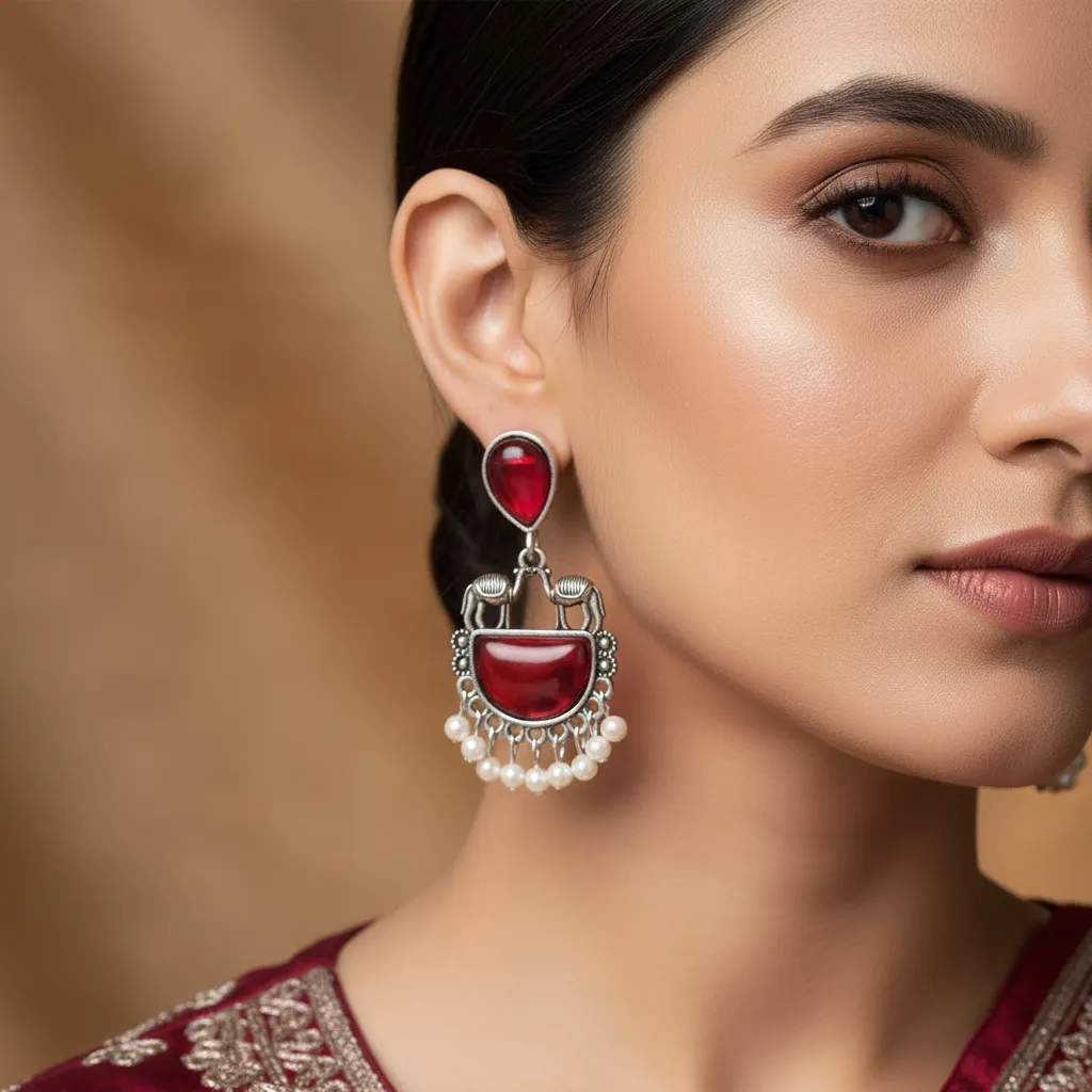 Oxidised Silver Red Stone Ethnic Dangler Earrings for Women & Girls