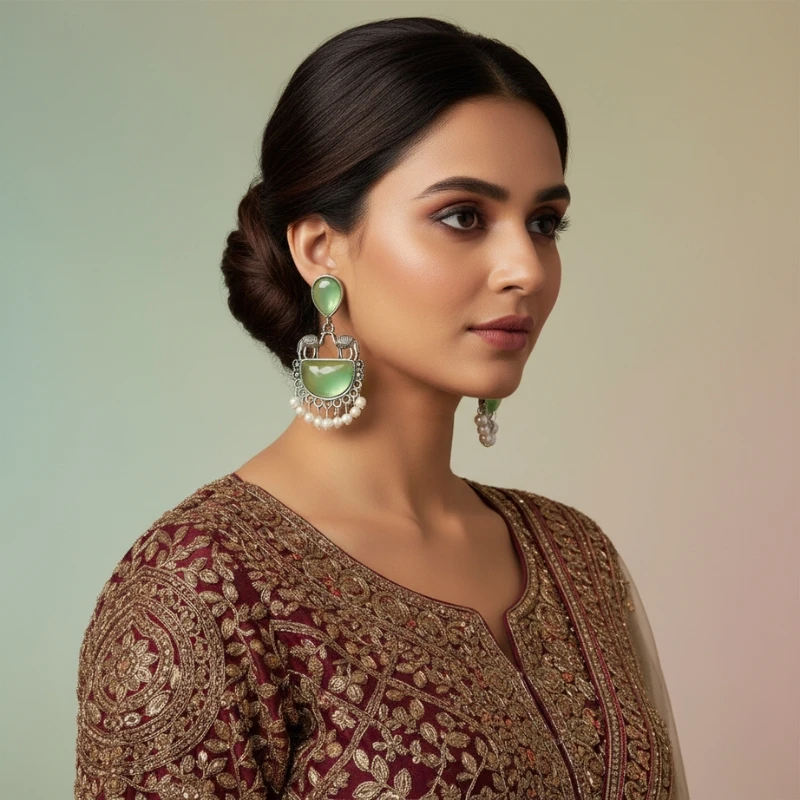 Green Stone Oxidised Silver Drop Earrings with Pearl Detailing