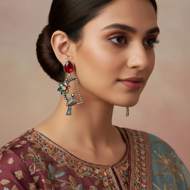 Tribal Bird & Flower Oxidised Drop Earrings with Red Stone