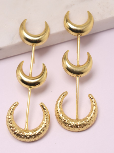 Golden Triple Layer Half Moon Metal Earrings