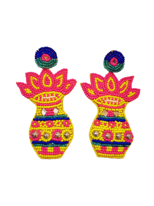 Pink And Yellow Kalash Design Beads Earrings - Image 2