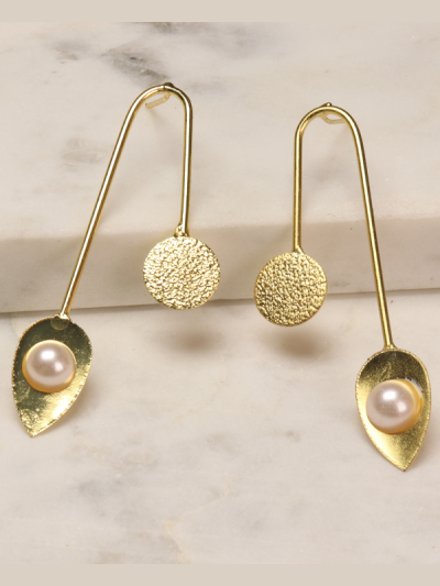Golden Leaf With Pearl Metal Earrings