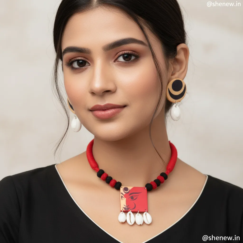 Red & Black Goddess Art Choker Necklace with Shell Drops