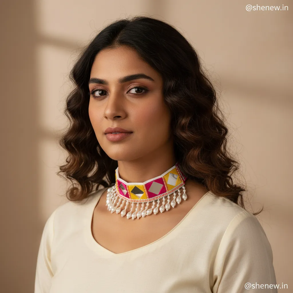 Multicolor Mirror Work Pearl Drop Choker Necklace for Women – Festive & Ethnic Jewellery