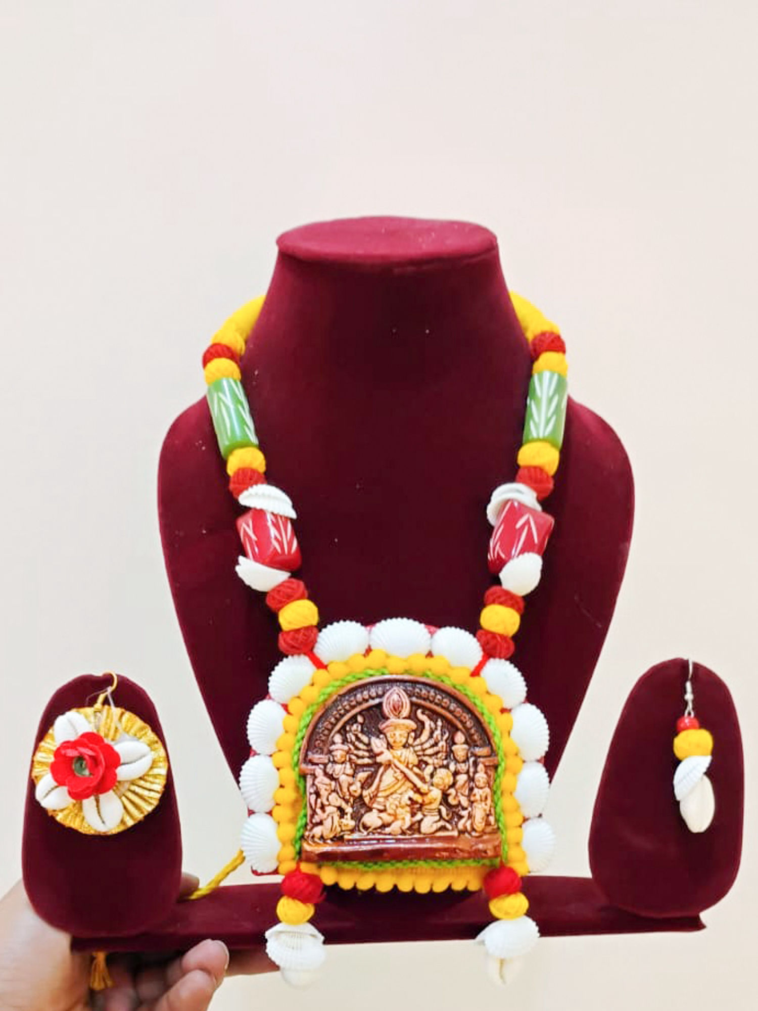 Temple-Inspired Neckpiece Set with Goddess Pendant & Shell Embellishments