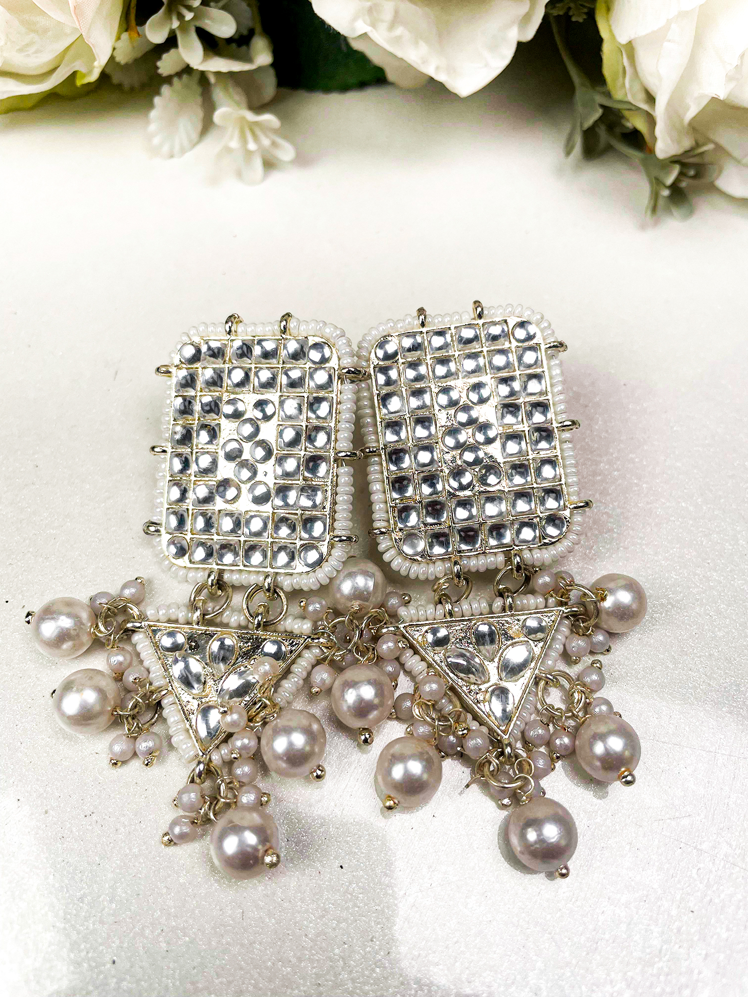 Royal Mirror & Pearl Dangle Earrings – A Statement of Elegance