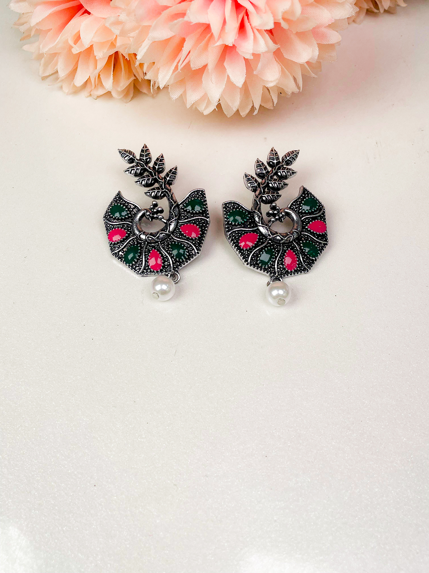 Antique Oxidized Silver Floral Earrings with Pearl Drop