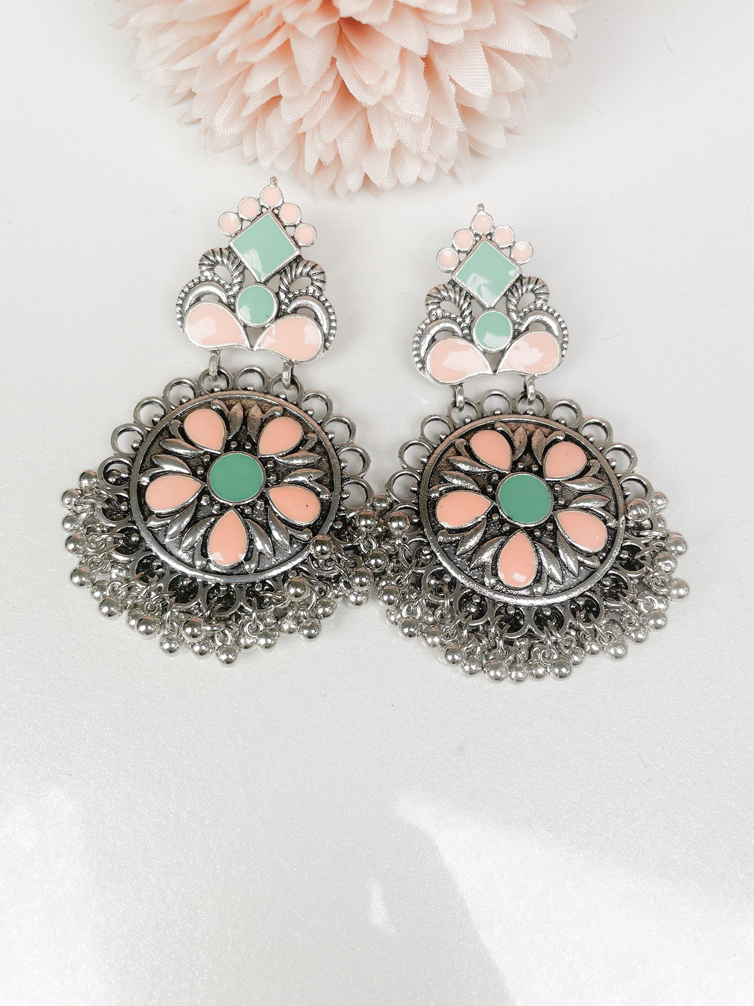 Oxidized Silver Floral Chandbali Earrings with Enamel Work