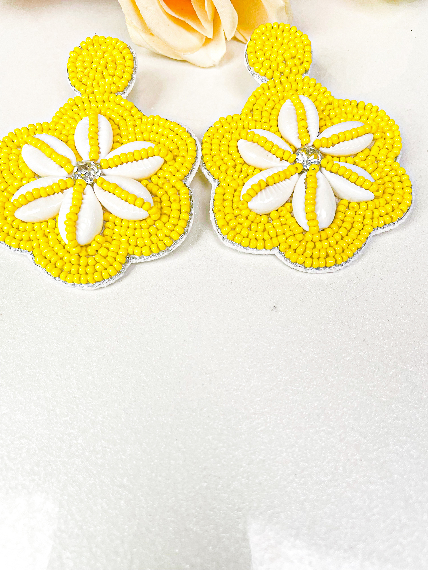 Handcrafted Yellow & White Beaded Floral Earrings