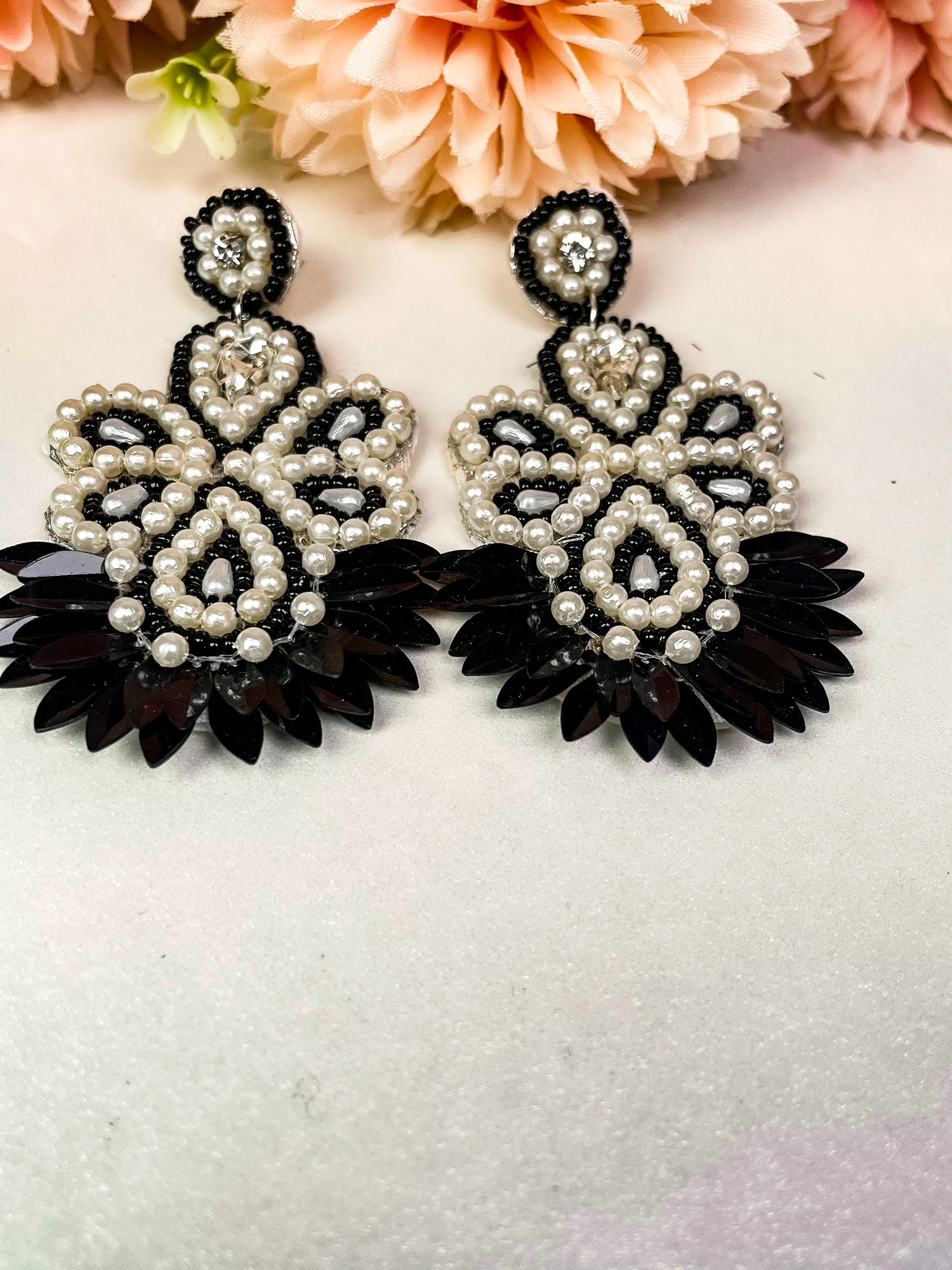 Black & White Beaded Statement Earrings – Elegant Handcrafted Design