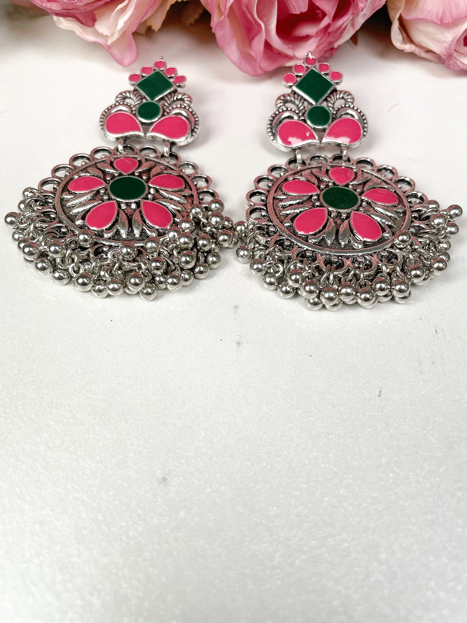 Traditional Silver Oxidized Jhumka Earrings with Pink & Green Enamel