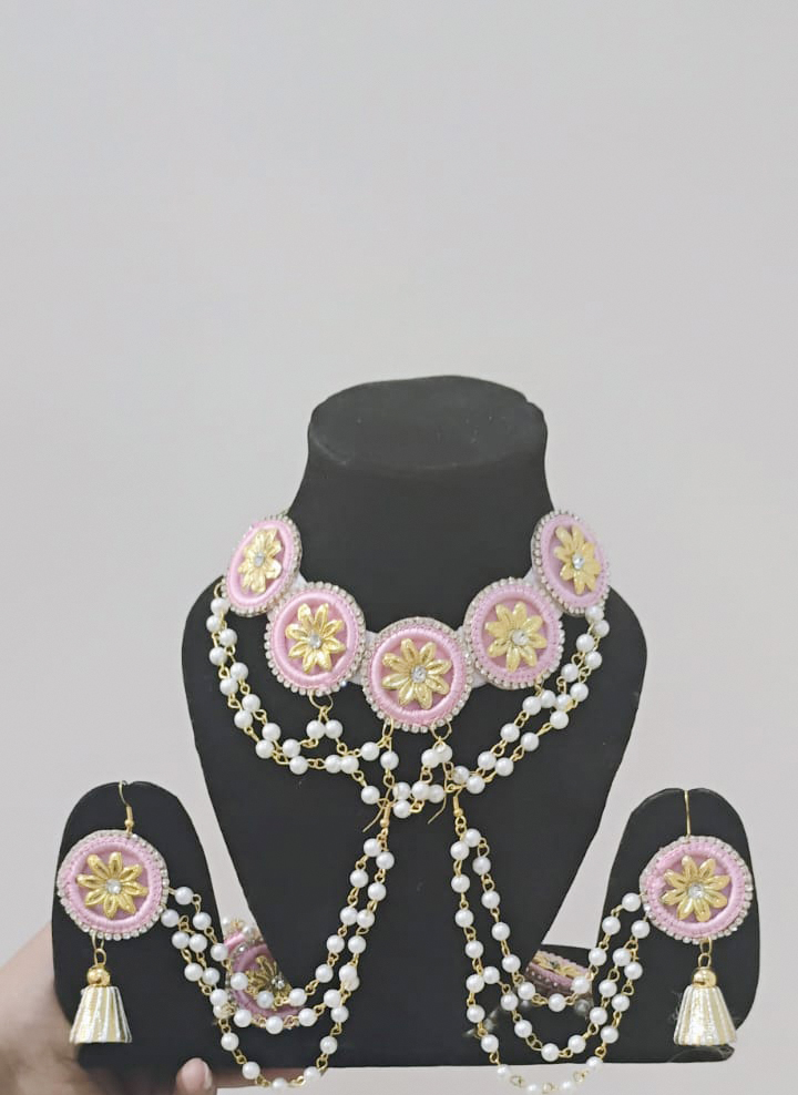 Bridal Jewelry Set in Pink and Gold with Neckpiece, Earrings & Tikka