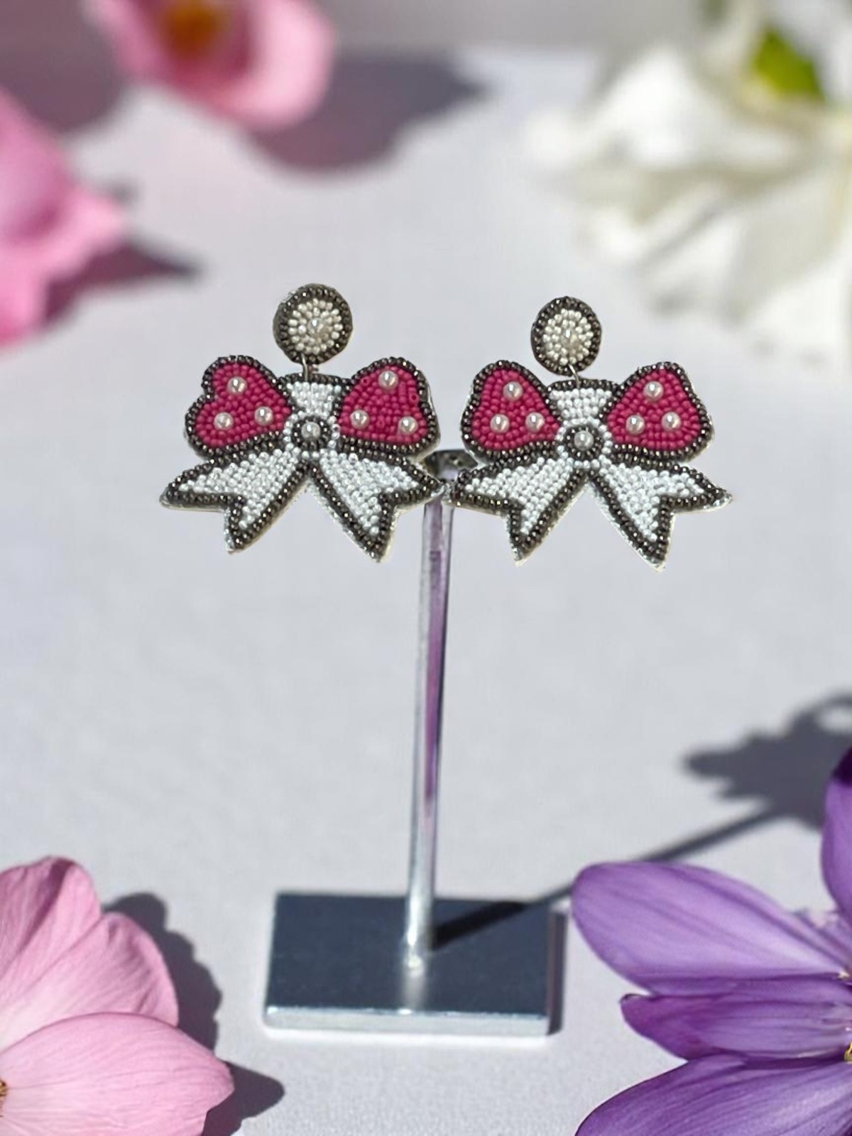 Pink Whisper Intricate Beaded Bow Earrings