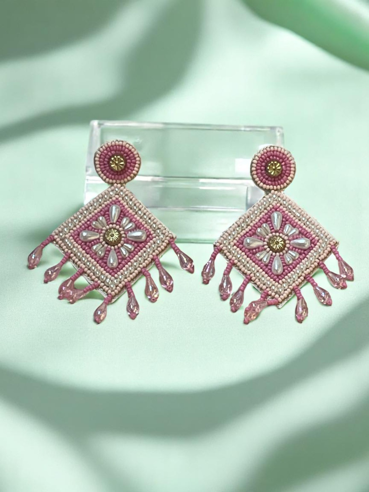 Patterned Square Drop Earrings with Crystal Drops