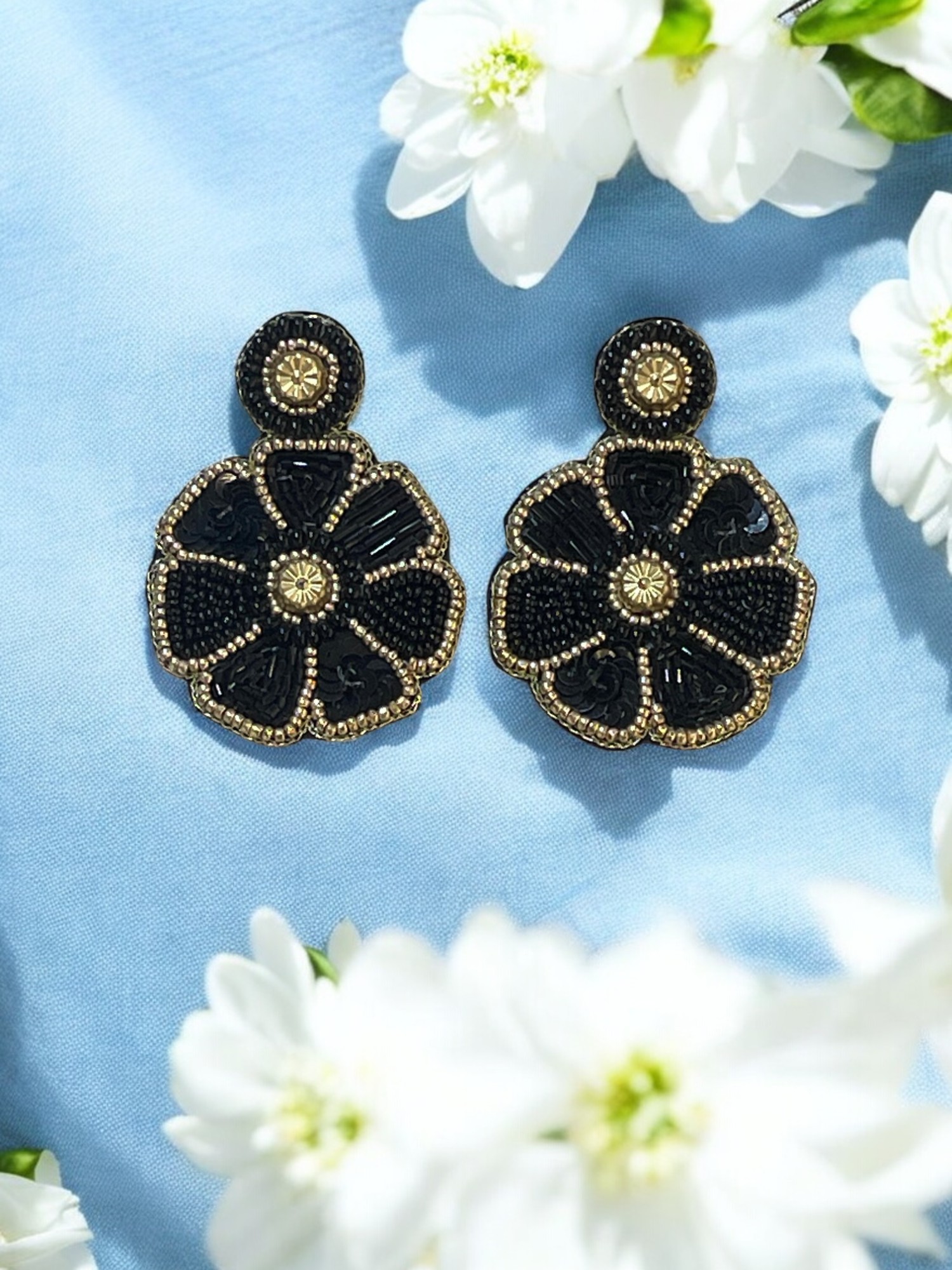 Customized Drop Earrings with Black Blossoms