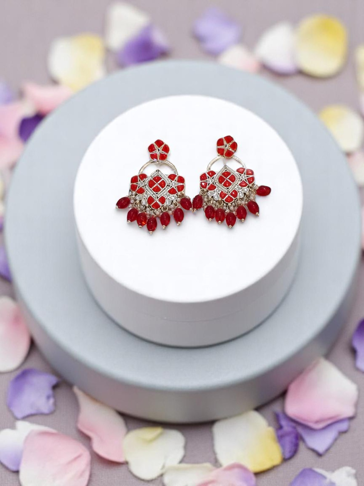 Lustrous Red Petal and Silver Inspired Earrings