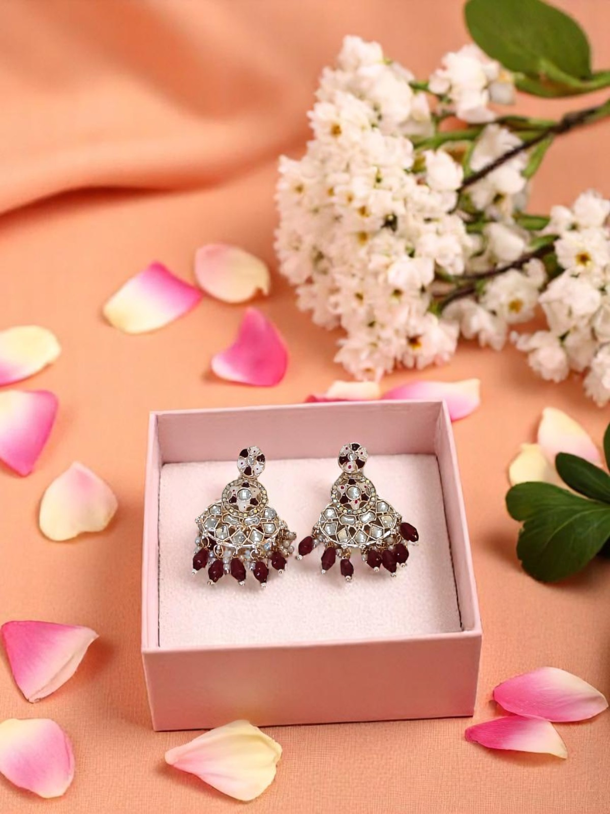 Regal Series Maroon and Silver Festive Earrings