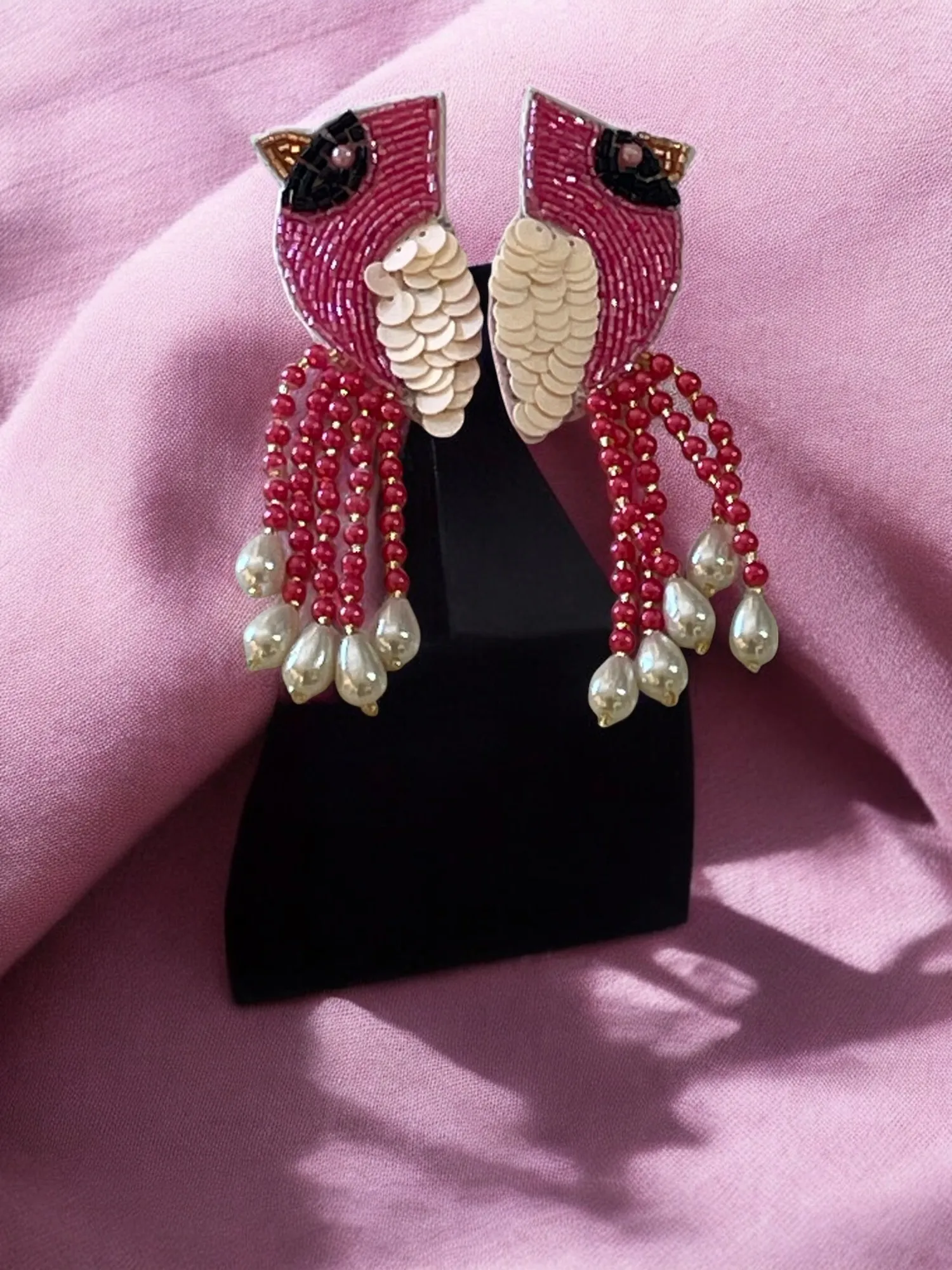 Feathered Fantasy Beaded Bird & Pearl Earrings