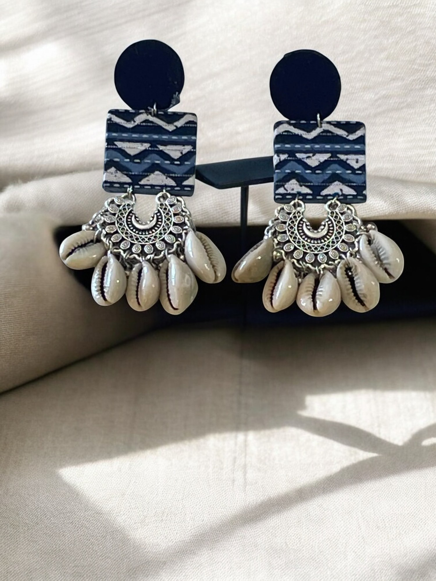Patterned Depths Indigo & Cowrie Textile Earrings