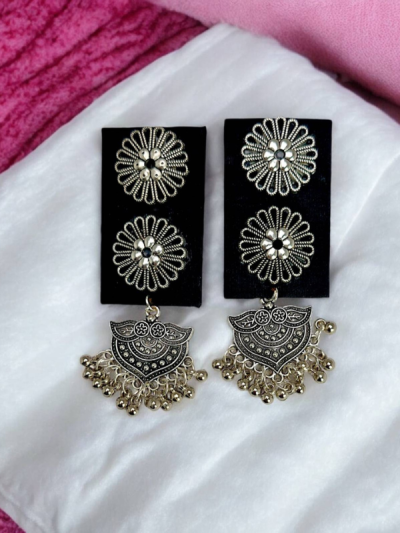 Handmade Silver Bloom Fabric Oxidised Dangle Earrings
