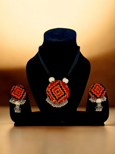 Fabric Oxidised Combine Neckpiece With Earrings Set