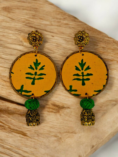 Block Printed Flower Fabric & Metal Earrings