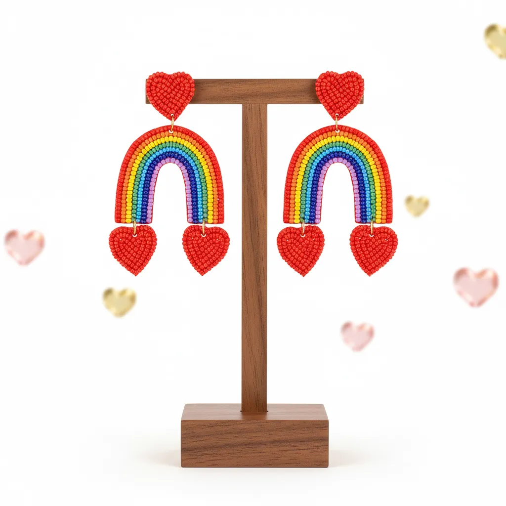 Rainbow Beaded Heart Drop Earrings – Colorful Handmade Statement Style