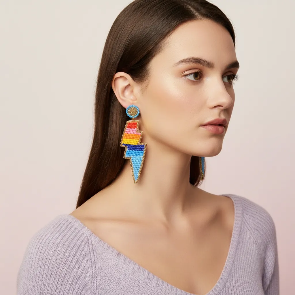 Vibrant Beaded Lightning Bolt Statement Earrings for Women