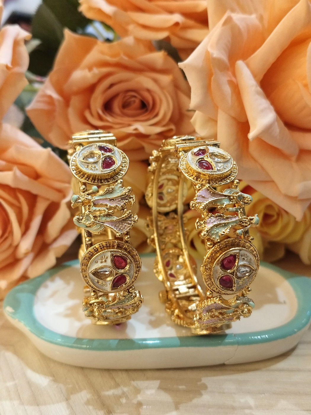 Gold Plated Ruby Radha Krishna Bangle Set - Image 2
