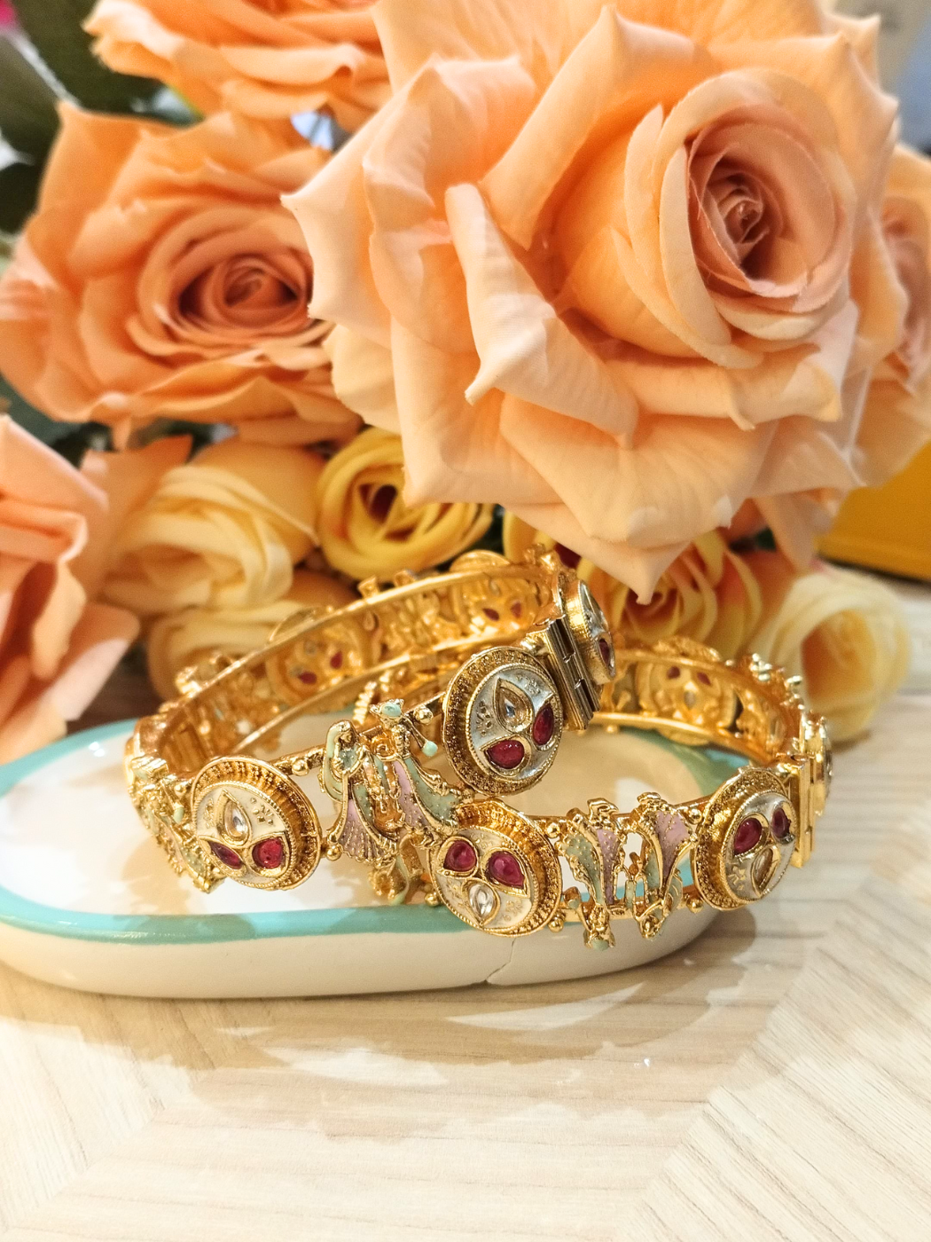 Gold Plated Ruby Radha Krishna Bangle Set