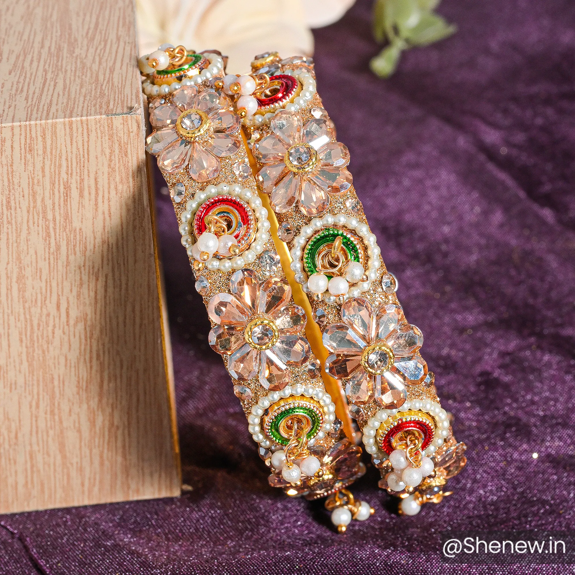 Golden Floral Stone & Multicolor Thread Work Bangles for Women (Set of 2)