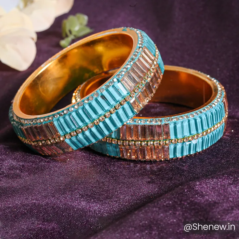 Gold-Plated Blue & Brown Stone Bangles for Women