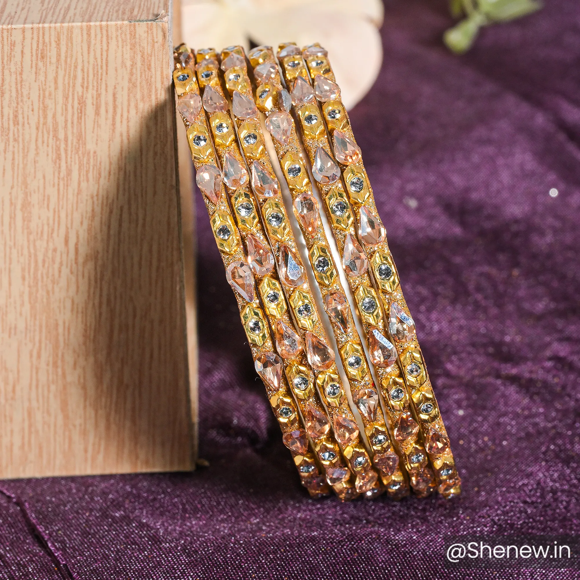 Golden Stone-Studded Bangles with Teardrop and Crystal Detailing – Set of 6