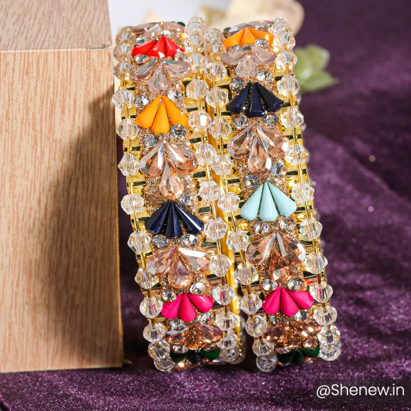 Gold-Plated Multicolor Stone & Bead Bangles – Pair