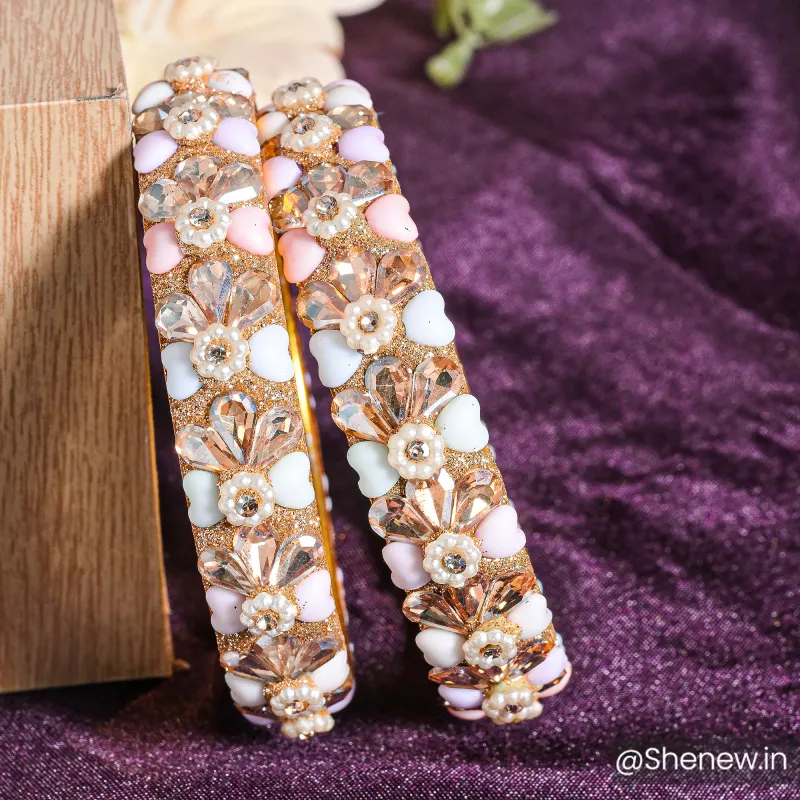 Gold-Plated Pastel Floral Stone Bangles – Pair