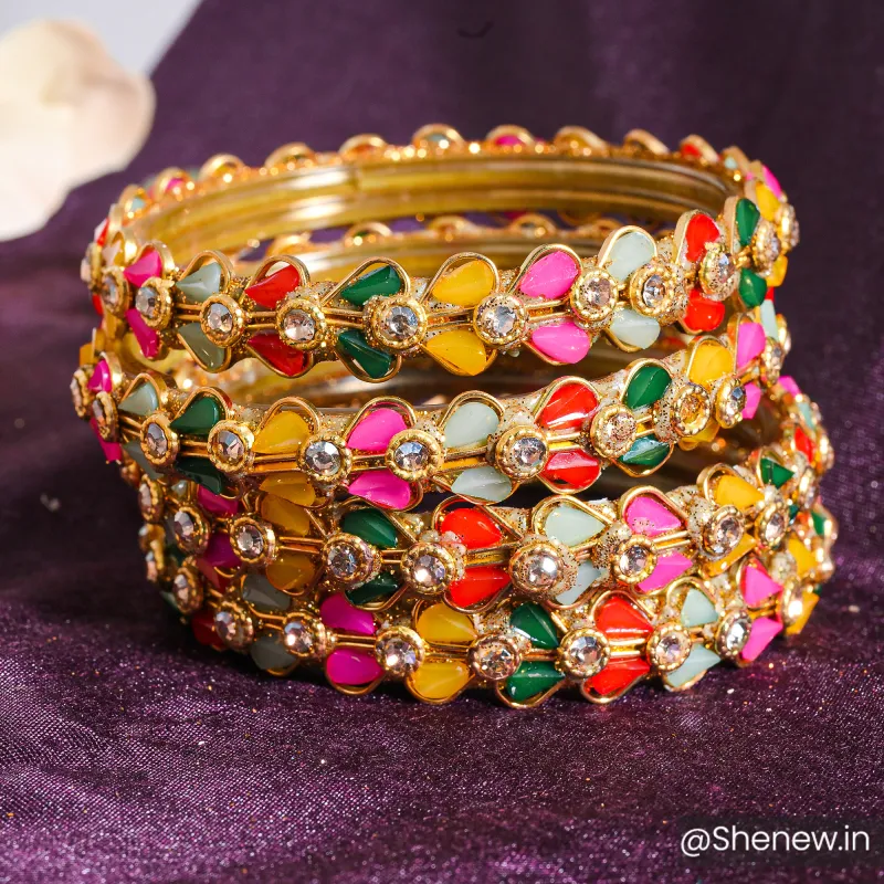 Golden Floral Bangle Set with Multicolor Stones – Set of 2
