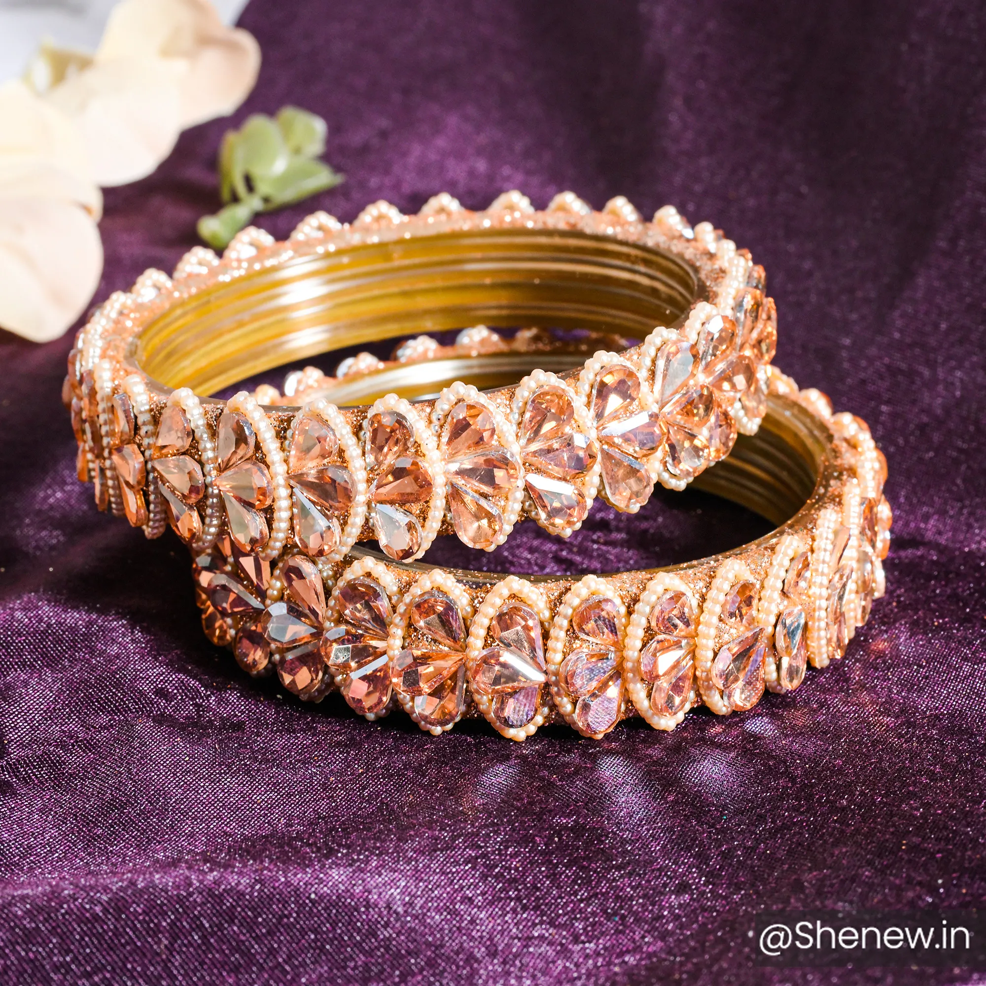 Golden Crystal-Studded Designer Bangles for Women (Set of 2)