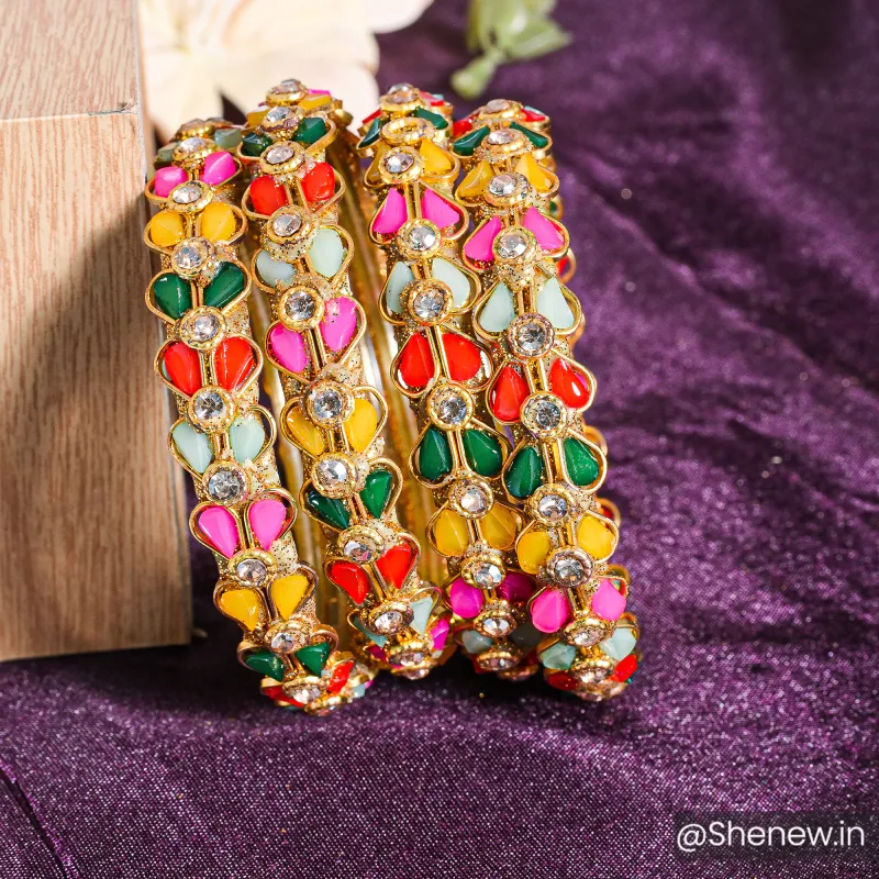 Golden Floral Bangle Set with Multicolor Stones – Set of 2 - Image 4