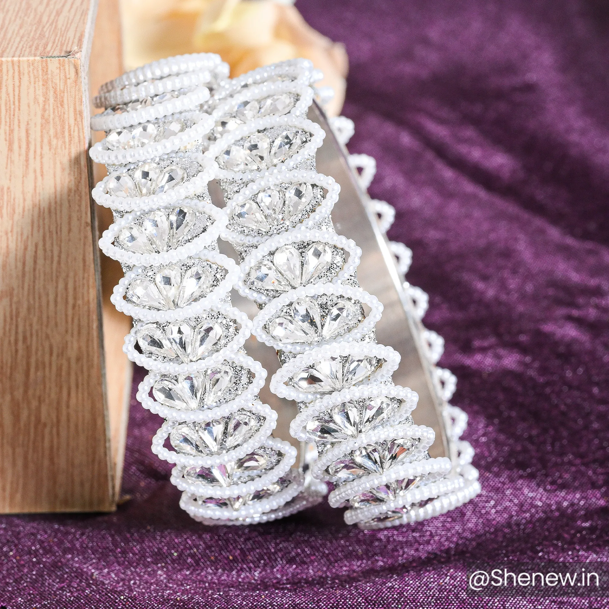 White Crystal Stone Bangles with Pearl Beaded Detailing – Set of 2