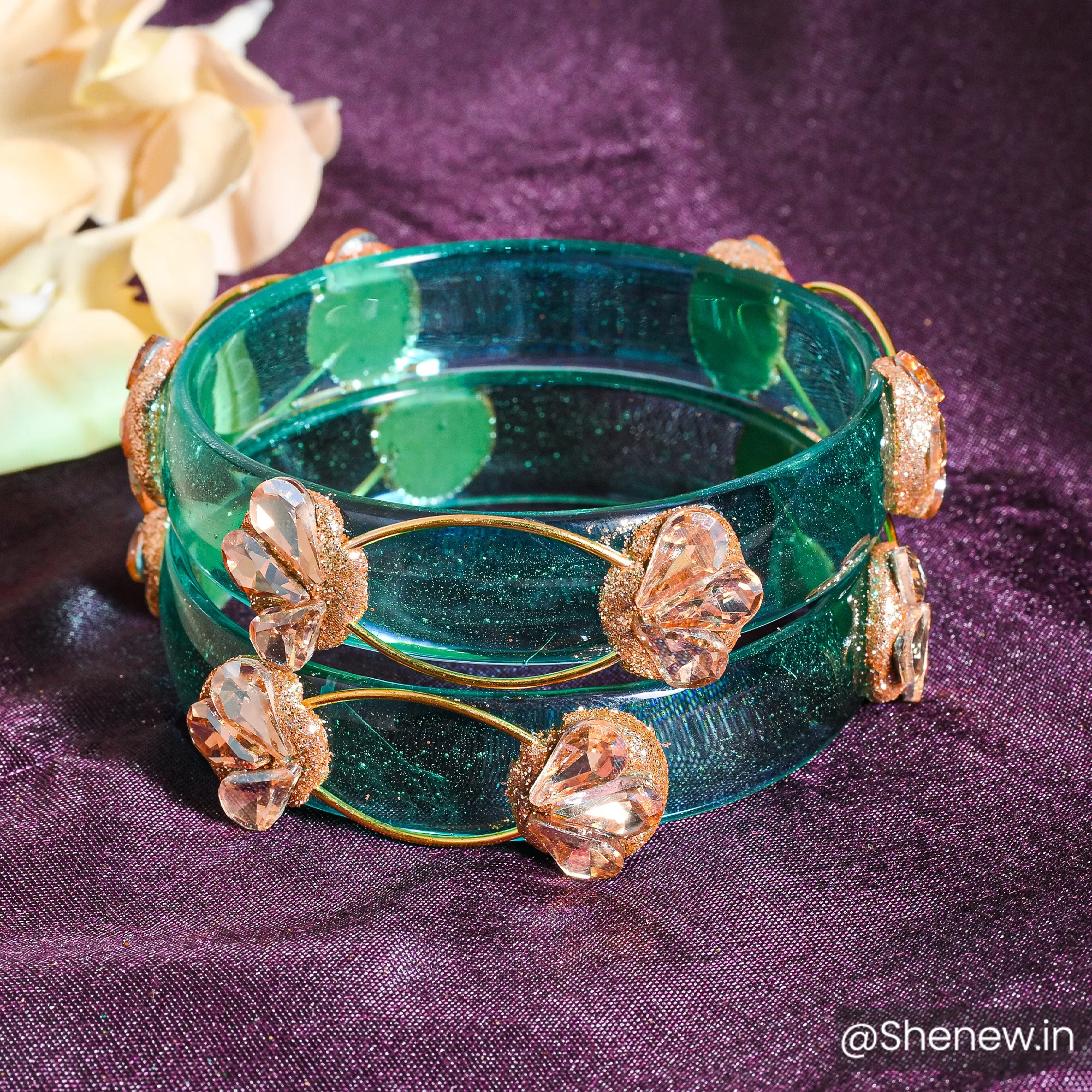 Green Crystal Bangles with Golden Floral Stone Detailing – Set of 2
