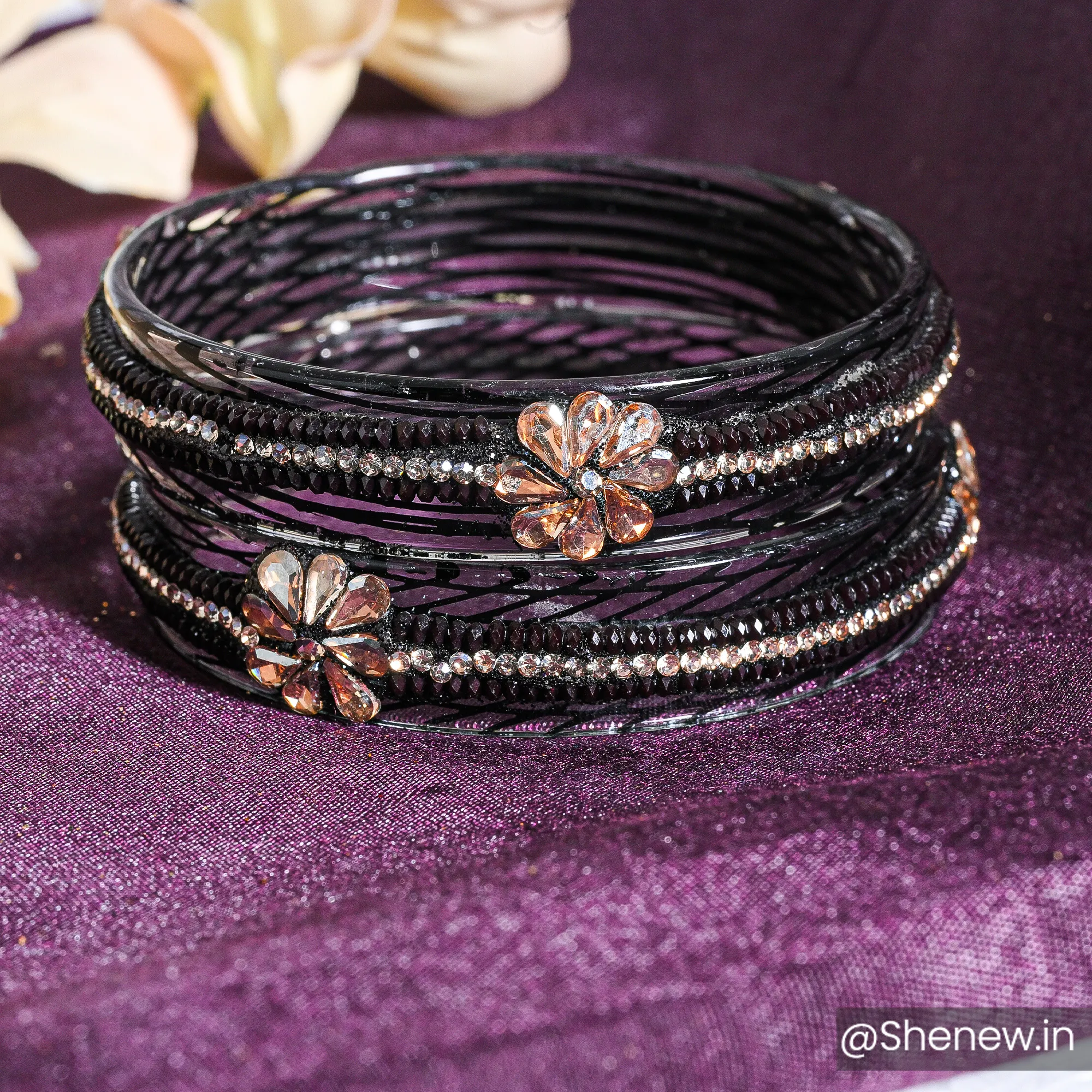 Black Crystal Floral Bangles with Stone Detailing – Pair