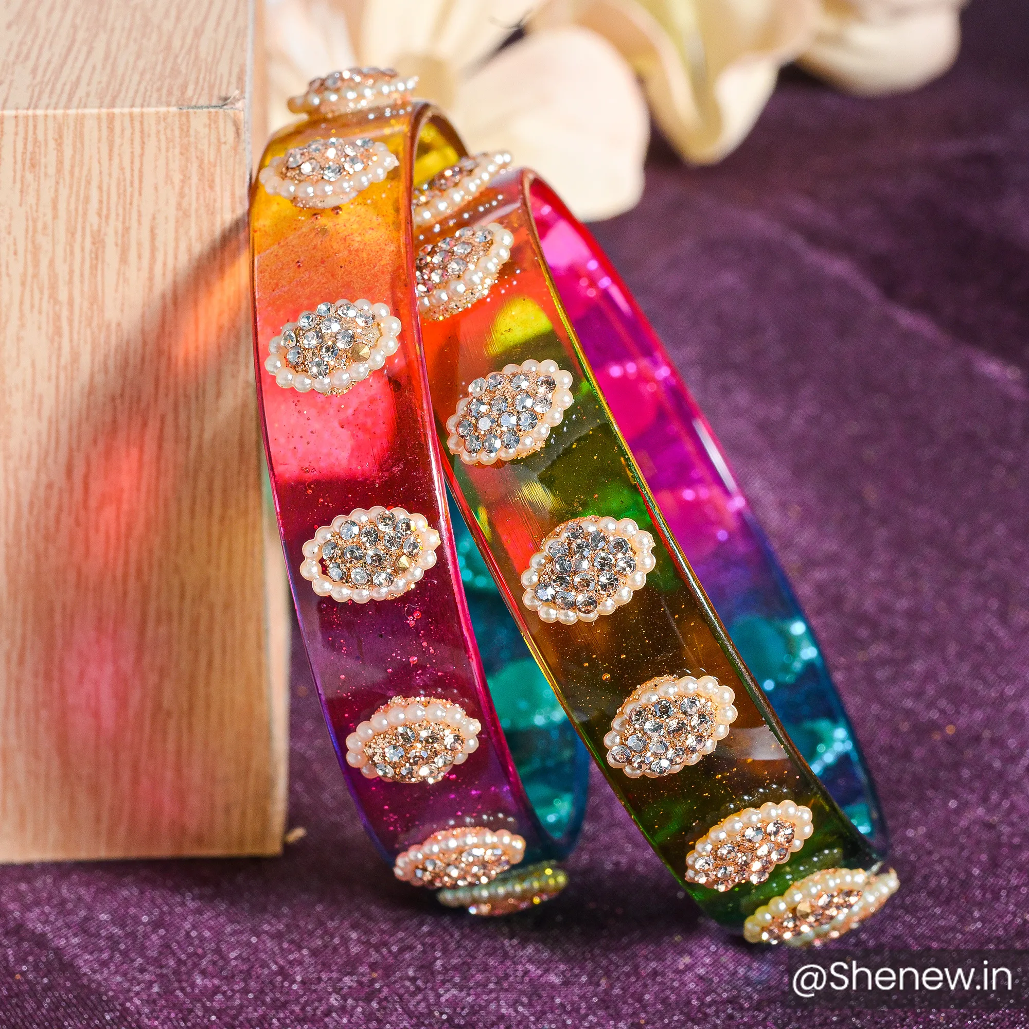 Multicolor Crystal Studded Bangles with Pearl Detailing
