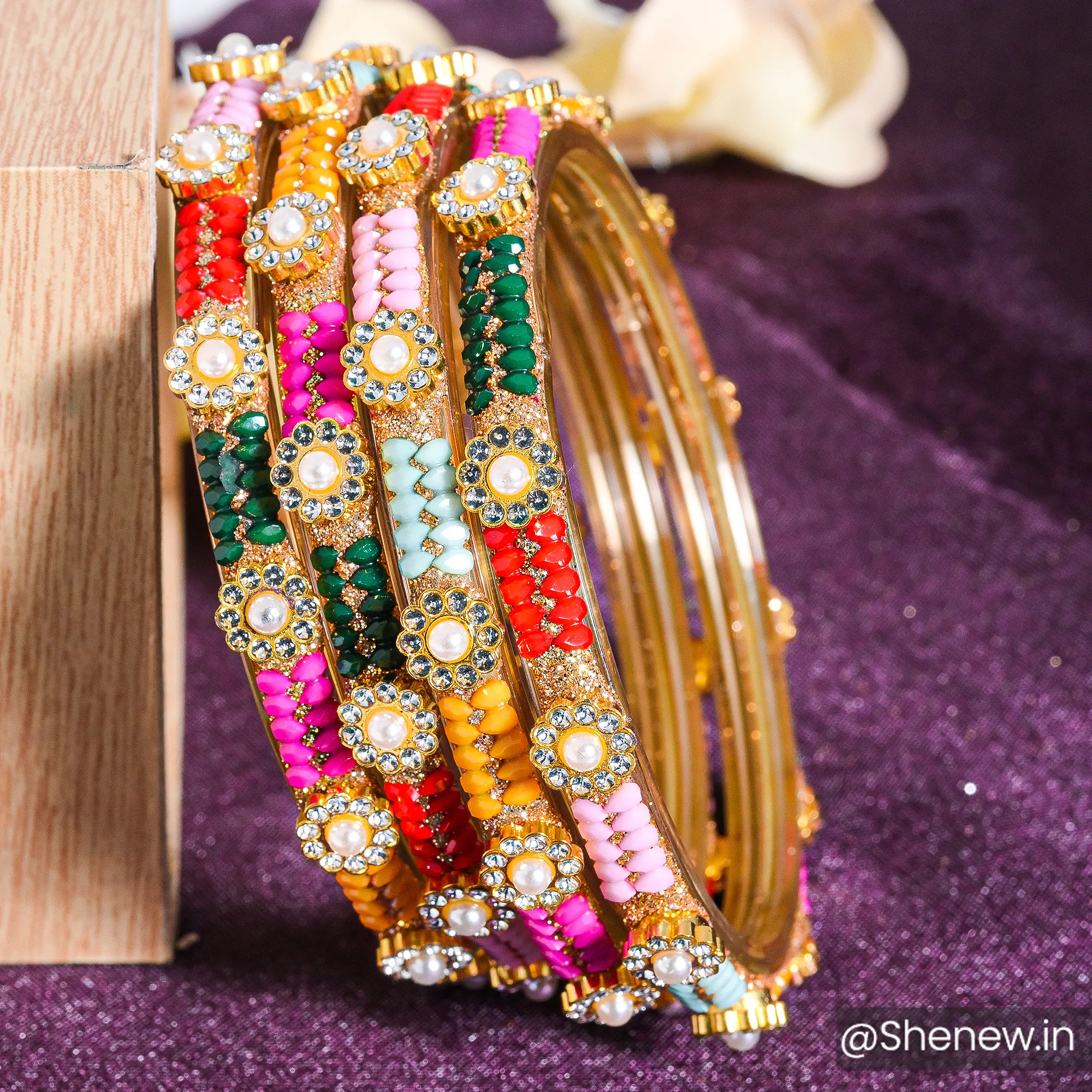 Multicolor Beaded & Stone-Studded Golden Bangles for Women (Set of 4)
