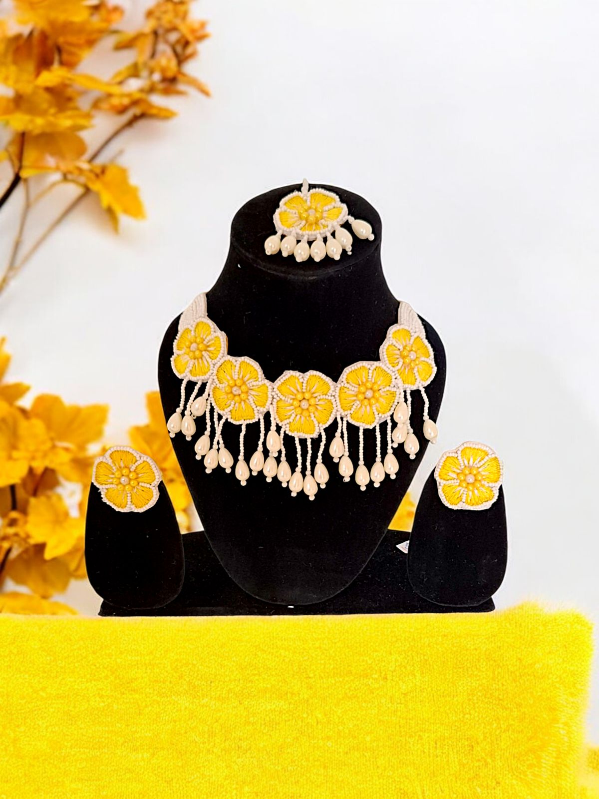 Beautiful Floral Embroidered Neckpiece Set with Pearls - Image 4