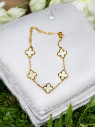 White Pearl Enamelled Clover Charms Golden Chain Bracelet