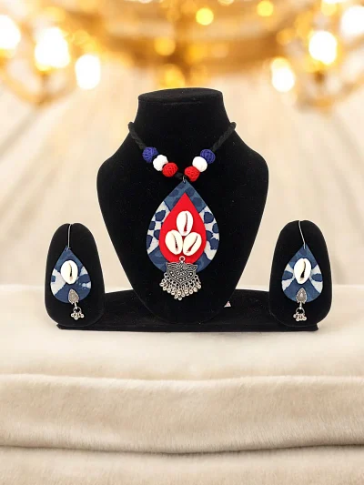 Handmade Indigo Petal Fabric Neckpiece Set With Oxidized Charm & Shell Work