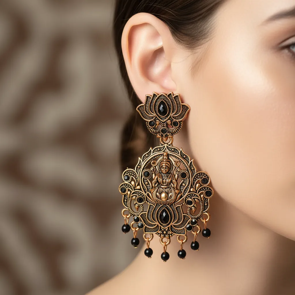 Antique Black Temple Design Goddess Motif Earrings - Image 2