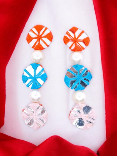 3 Layer Handmade Fabric Mirror Design Multicolour Earrings